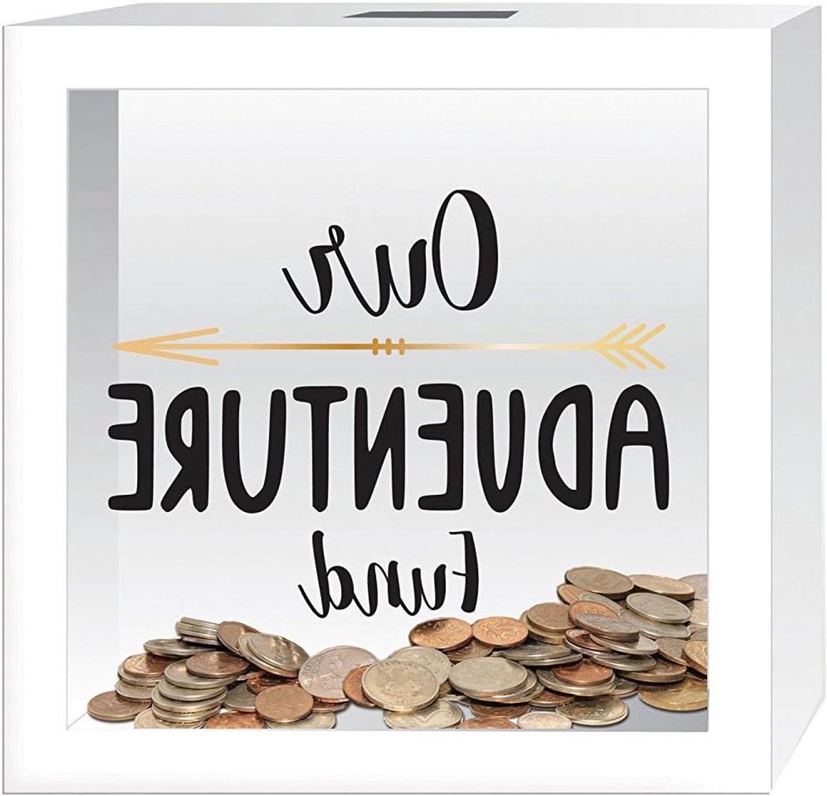Houten Spaarvarken - Spaarpot - Sparen voor reizen - Glazen voorpaneel - 6x6 inch - Wit