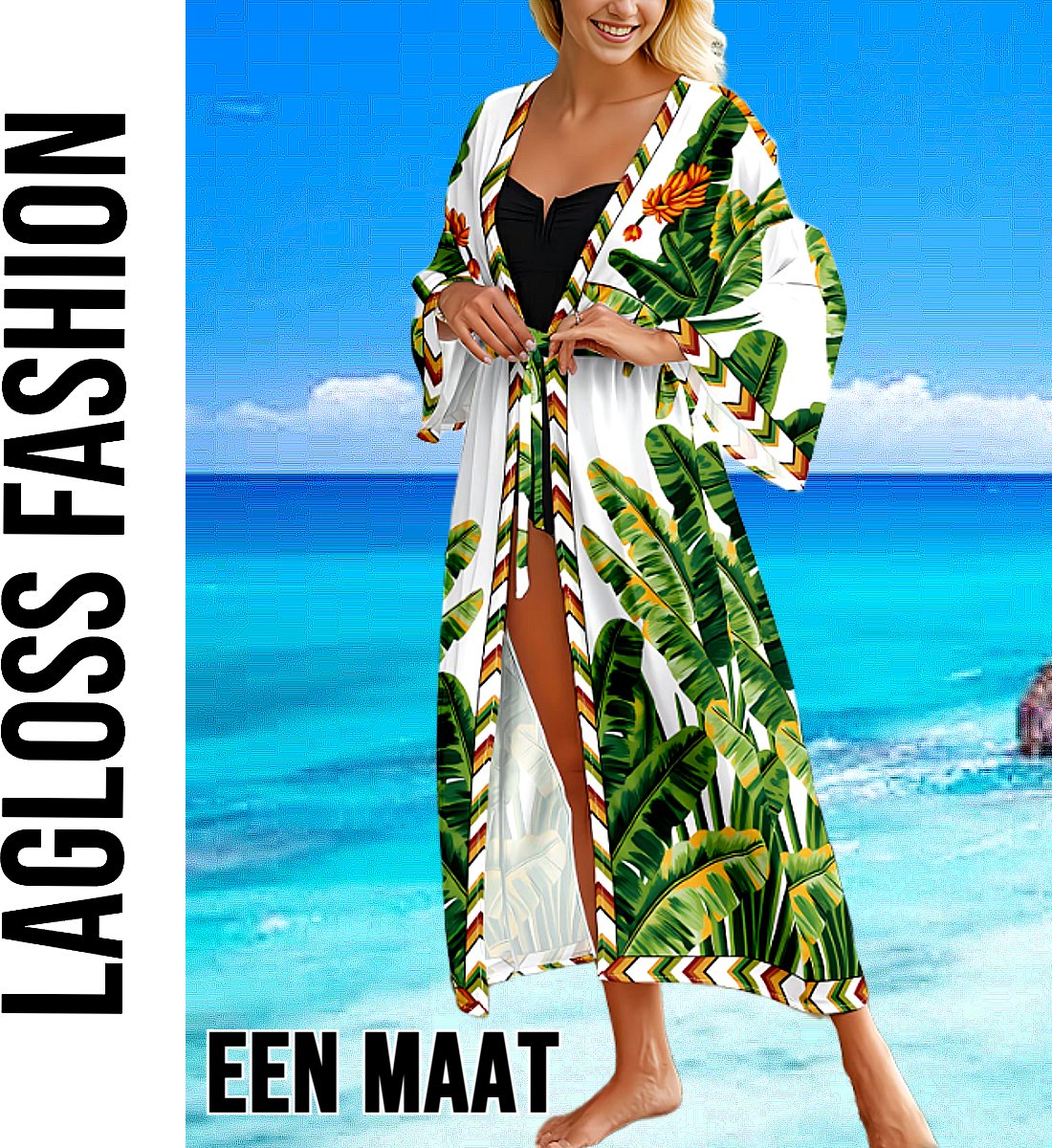 LaGloss® Luxe Bohemian Lange Strand Kimono Dames met Tropische Bladprint – Cover Up – Wit – Zomermode – Beach Fashion – Zomer/Lente – Één Maat – One Size