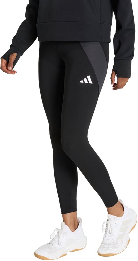 Zwarte workoutlegging met grijze panelen op de zijkanten en een wit Adidas logo.