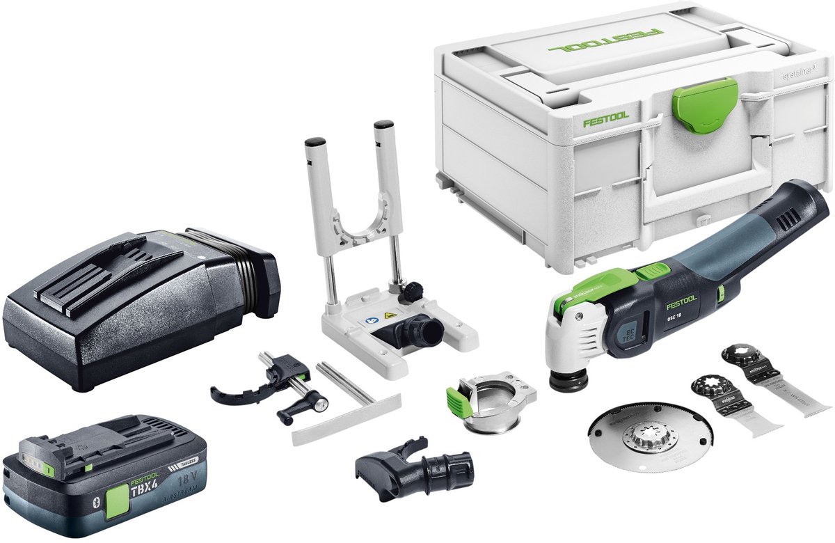 Festool OSC 18 E-Basic-set accu-oscillator 18 V Starlock Max Brushless + 1x accu 4,0 Ah + oplader + 7-delige accessoire-set + Systainer