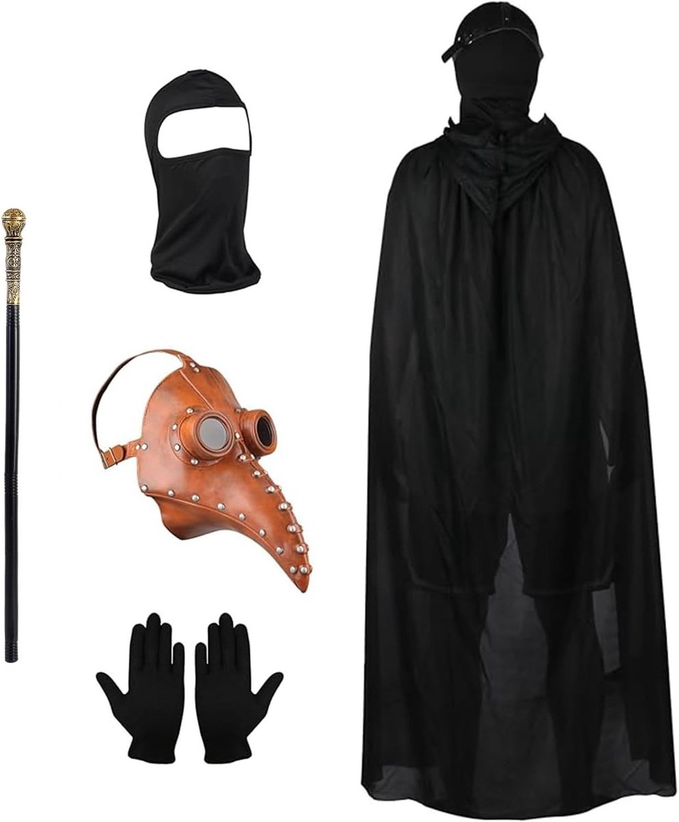 Halloween Cosplay Kostuum Set met Pestdokter Masker, Lange Neus, Zwarte Handschoenen en Kapmantel voor Feest en Verkleedpartijen
