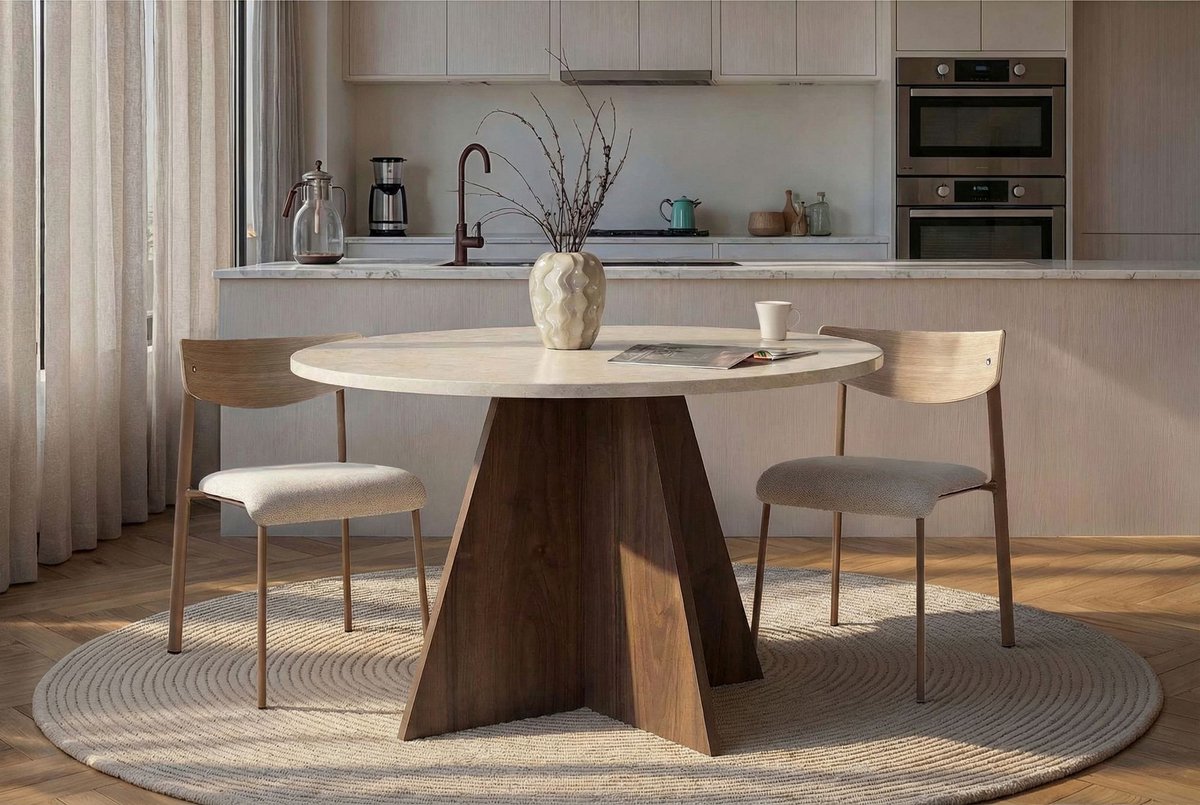 Asir - Eettafel - Travertijn, walnoot - 100% met melamine gecoat spaanplaat - 127 x 125 x