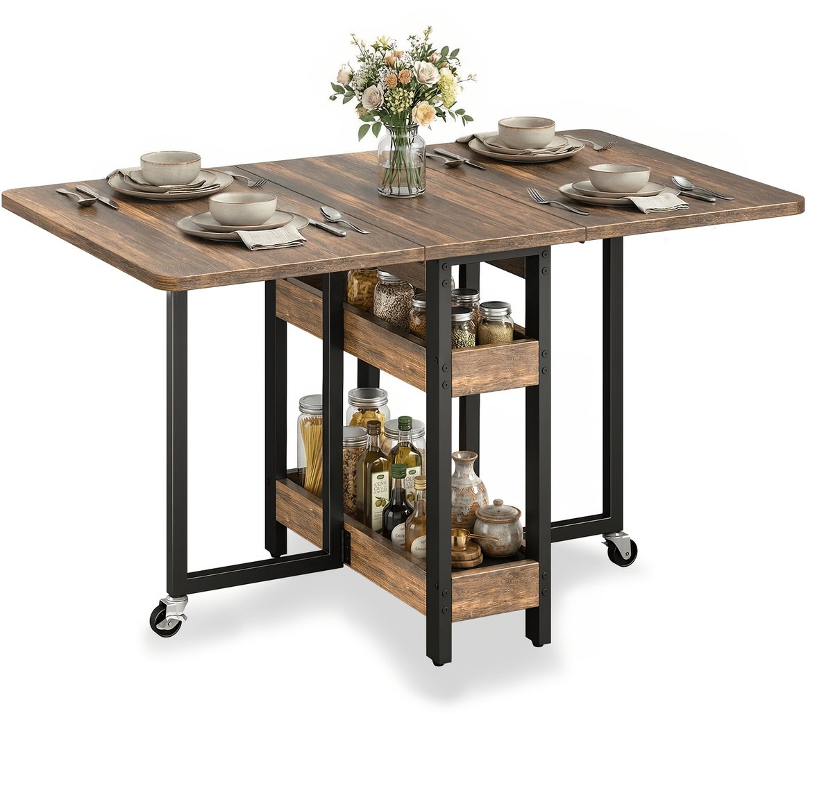 Eettafel-Opvouwbare Eettafel -133x80 cm-Klaptafel Opbergplank met Twee Niveaus-Zwenkwielen voor Gemakkelijke Verplaatsing-voor Keuken en Eetkamer- Hout Kleur.