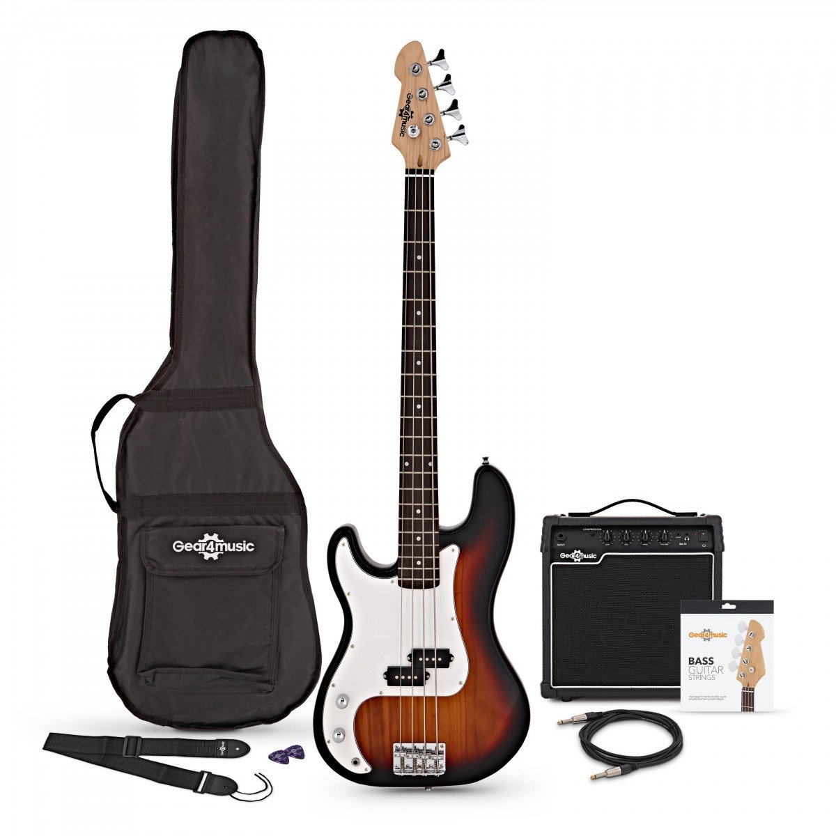 LA Linkshandige Basgitaar + 15 W Versterkerpakket, Sunburst