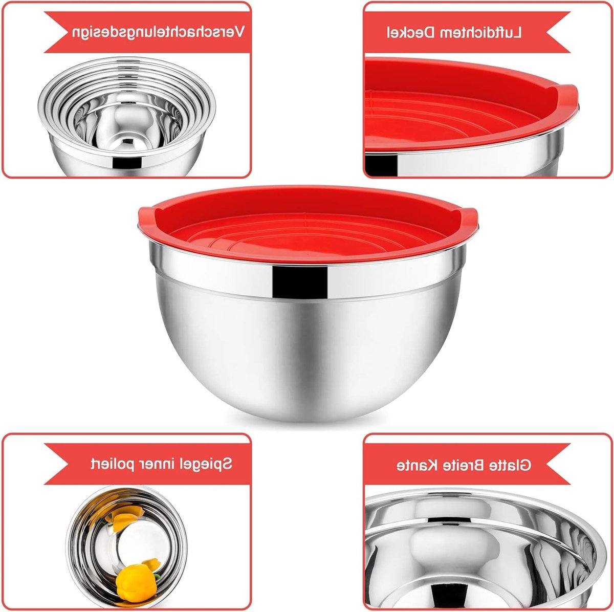 Mixkommen Set van 5 Stuks RVS met Luchtdichte Deksel, Ideaal voor Salades, Bakken en Koken, Stapelbaar en Vaatwasserbestendig, Capaciteit 4.6/2.8/1.6/1.2/0.7L