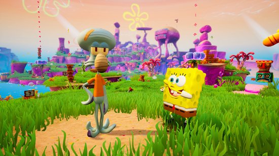SpongeBob en Octo in een kleurrijke, weelderige wereld met paarse rotsen en gele bloemen.