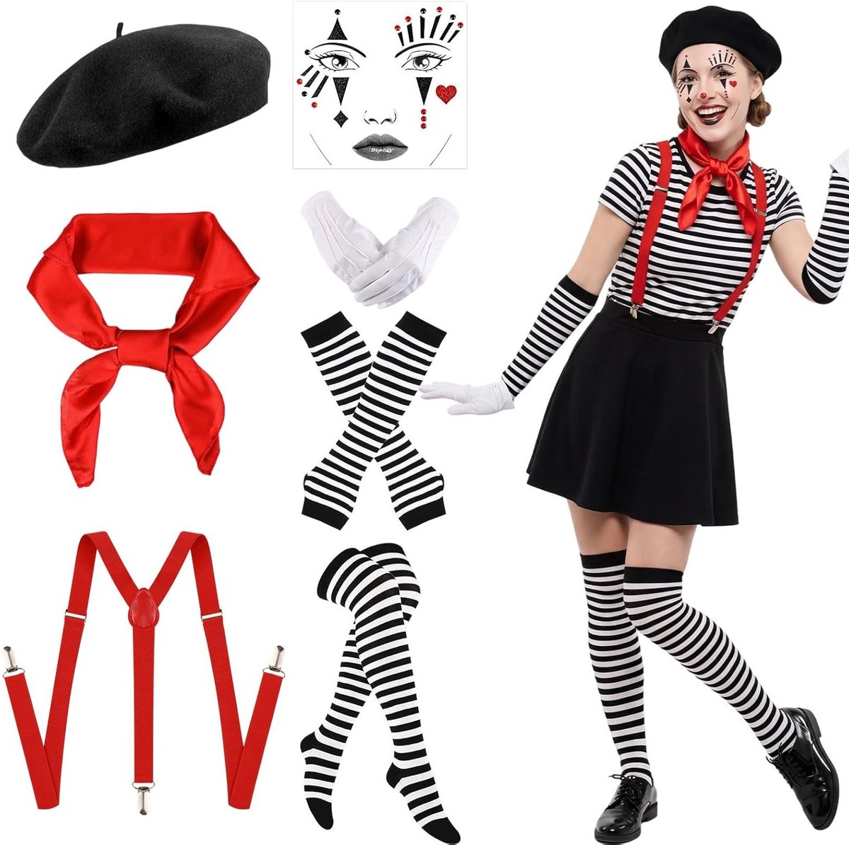 Pantomime Kostuum Set voor Raveparty, Inclusief Beret, Rode Kleding, Witte Handschoenen en Gezichts-Tatoeage voor Carnaval en Cosplay Feesten