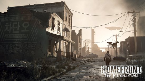 Verwoeste straat met gebouwen, auto's en een drone in Homefront The Revolution.