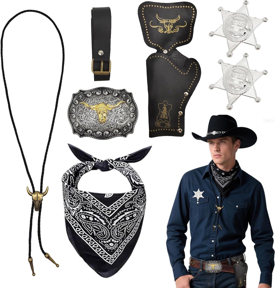 Complete Cowboy Fancy Dress Accessoire Set voor Mannen met Bandana, Holster, Sheriff Badge en Kostuum voor Carnavals- en Cosplayfeestjes