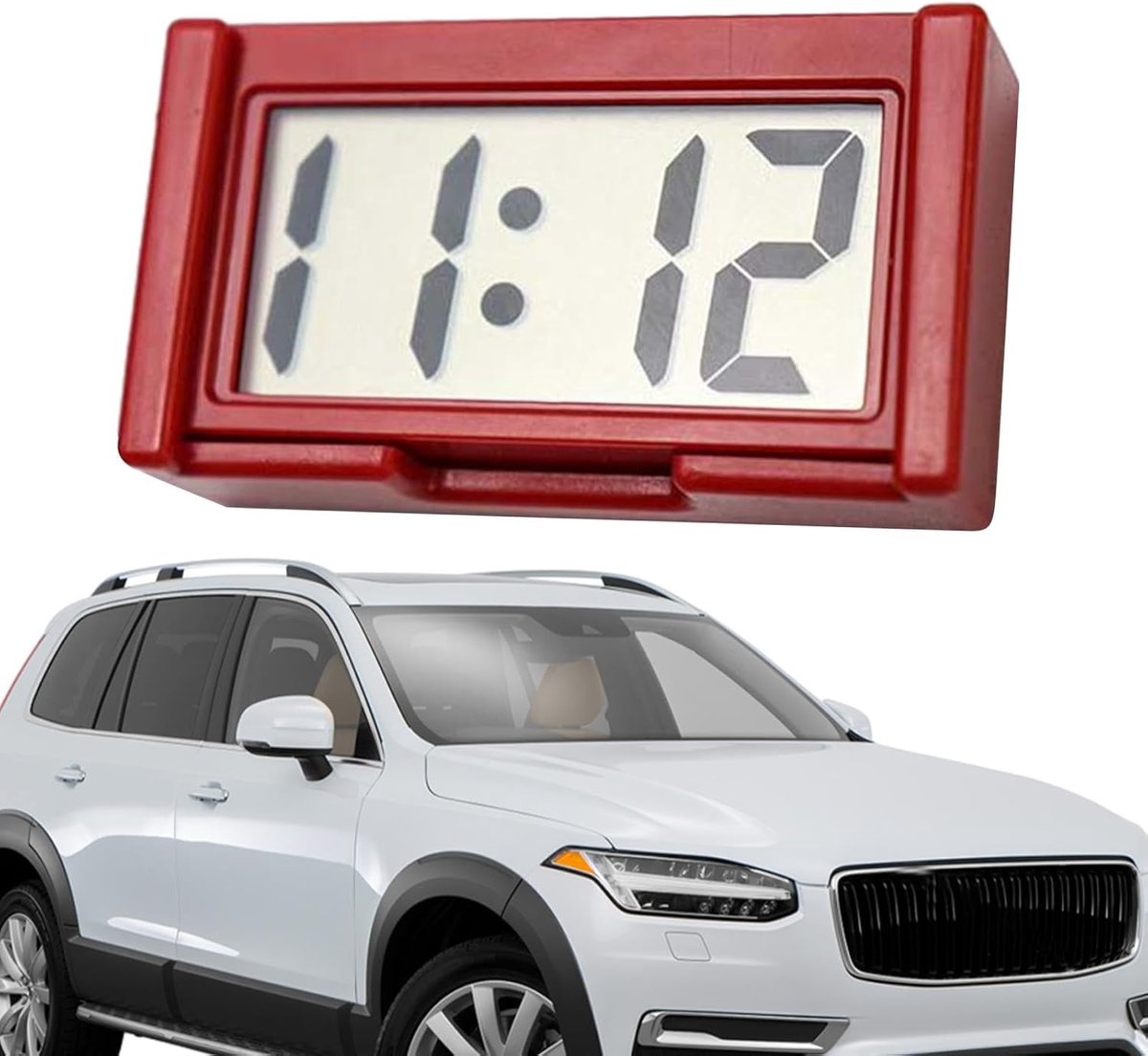 Mini digitale autoklok, zelfklevend, miniklok met plakstrip en houder, compacte autoklok voor dashboard, kleine digitale klok, bureau- en badkamerklok, draagbare elektronische klok (rood)