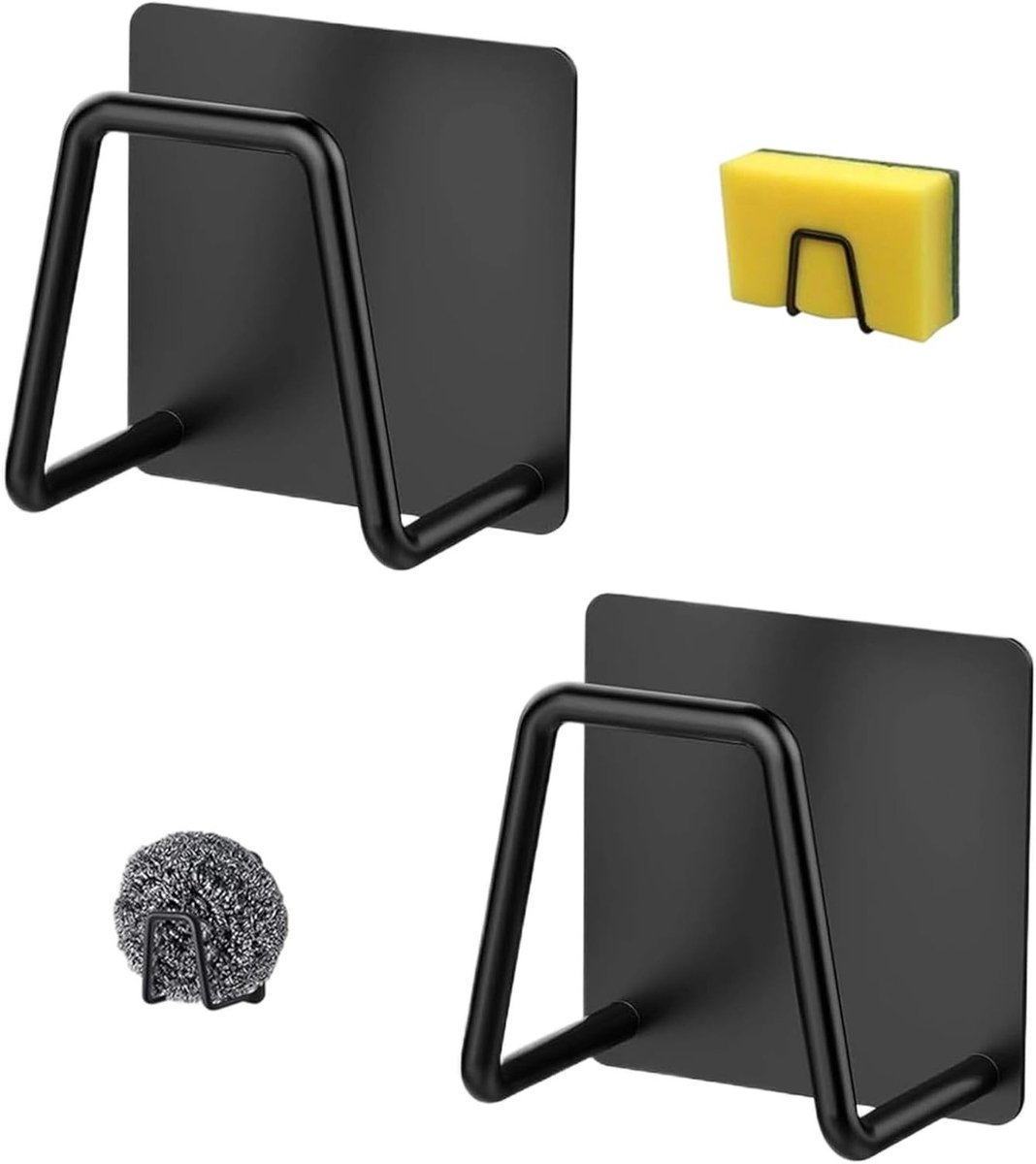 Praktische sponshouder voor keuken en badkamer, 2 stuks, zwart, roestvrij staal, 4.5 x 4.5 x 3 cm, wandmontage en ruimtebesparend
