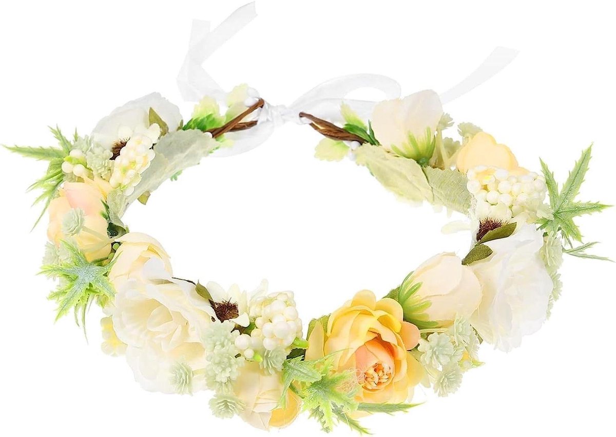 Bloemenkroon Hoofdband - Bloemenkrans Diadeem - Bruiloft Accessoire - Verstelbaar Lint - 29.5X22X5CM - Champagne