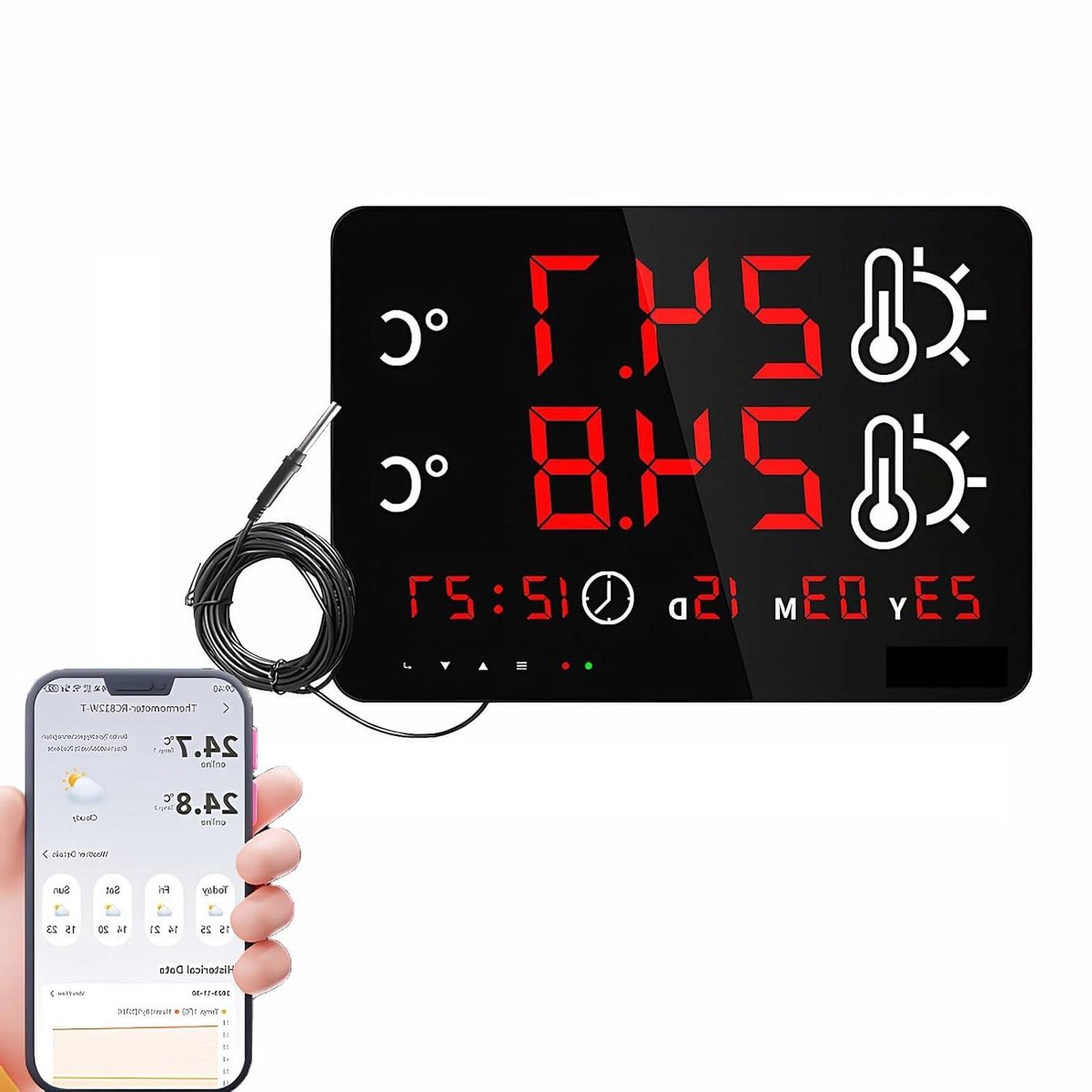 Digitale Wifi Thermometer - Slimme Temperatuurmeter - Water Temperatuur Meten - Dubbele Temperatuurweergave - 5 Meter Sonde - Zwart