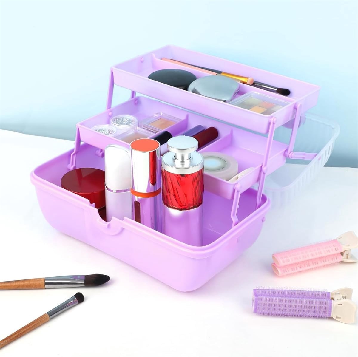 Opbergdoos met handvat - Plastic organizer - Hobby en cosmetica - Drielaags ontwerp - 35 cm - Paars