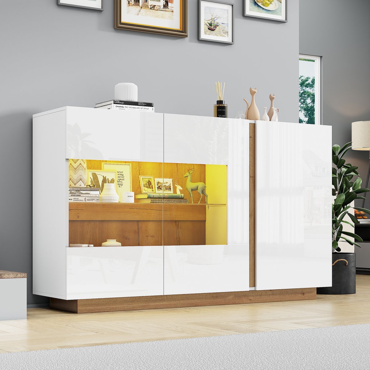 MODENUIT Dressoir - 3 Deuren Met LED-Verlichting En Glas - Voor Woonkamer En Slaapkamer - Wit - 138x38,5x90,5 Cm