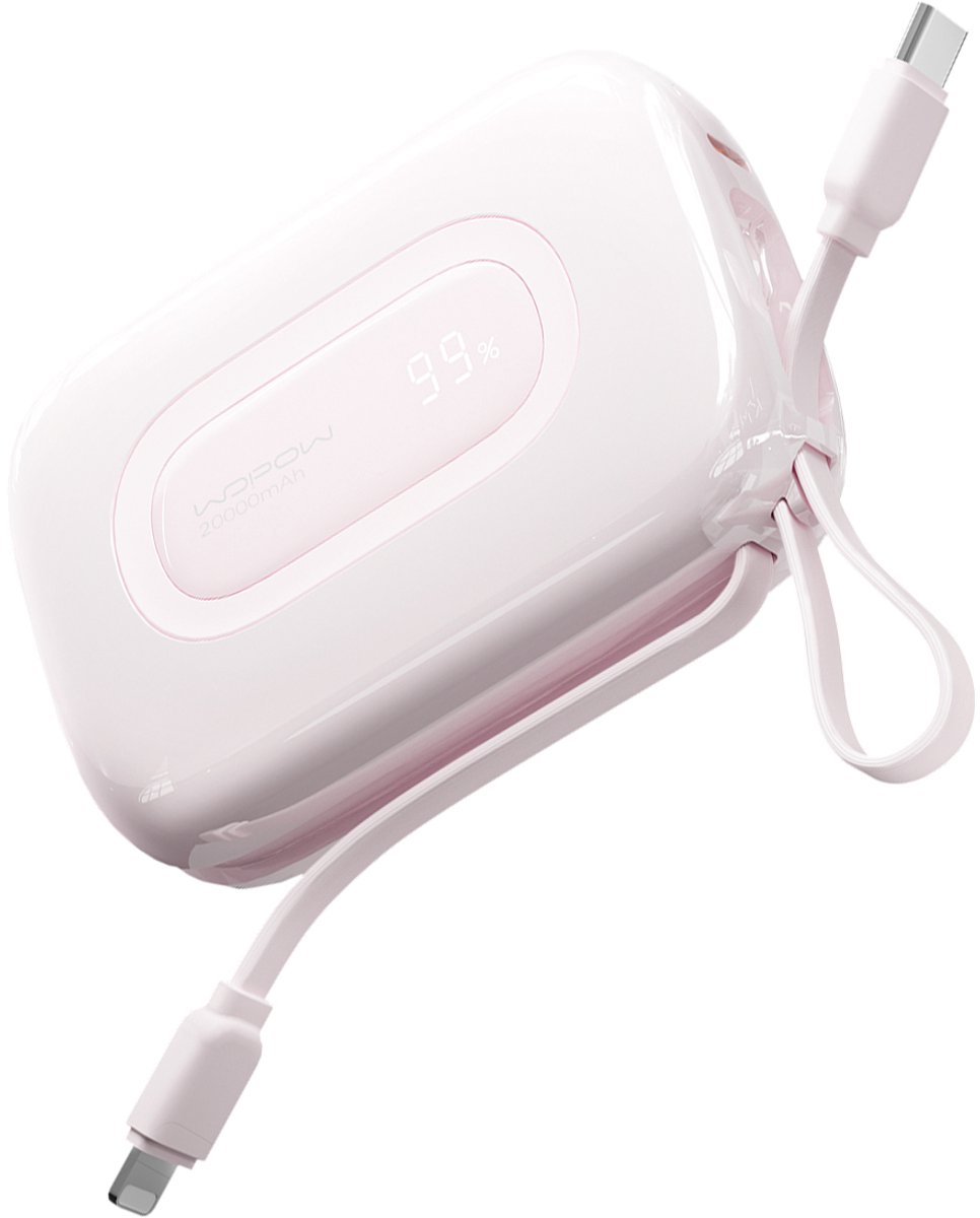 Wopow Powerbank met ingebouwde USB-C & Lightning Kabels, SQ73, 20.000mah, 22.5W, Roze, 6933185740000