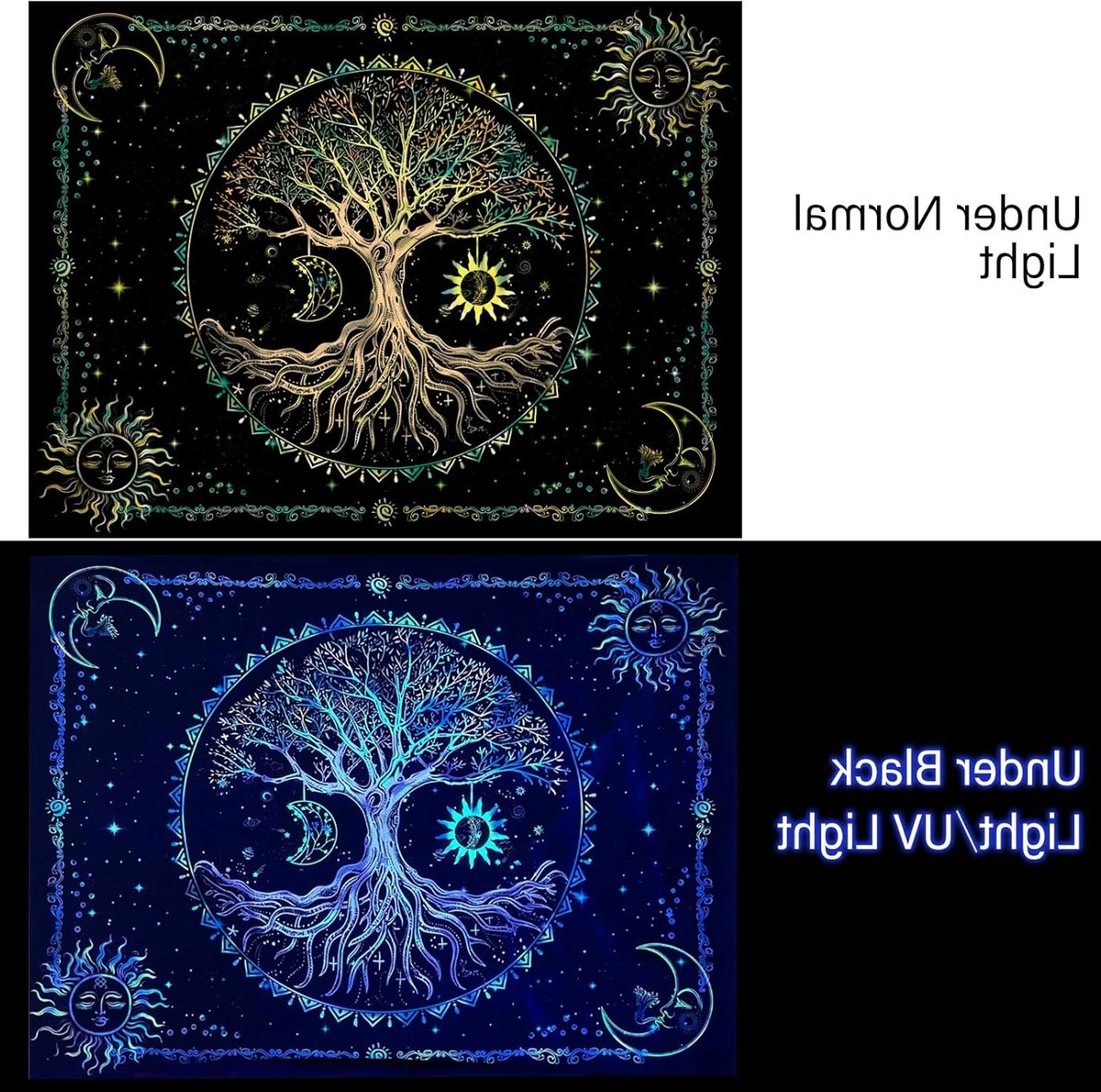 Zwarte Aesthetic UV Reactive Wanddecoratie met Zon, Maan en Levensboom voor Woonkamer 200 x 150 cm - Fluorescerende Planten en Bos Thema