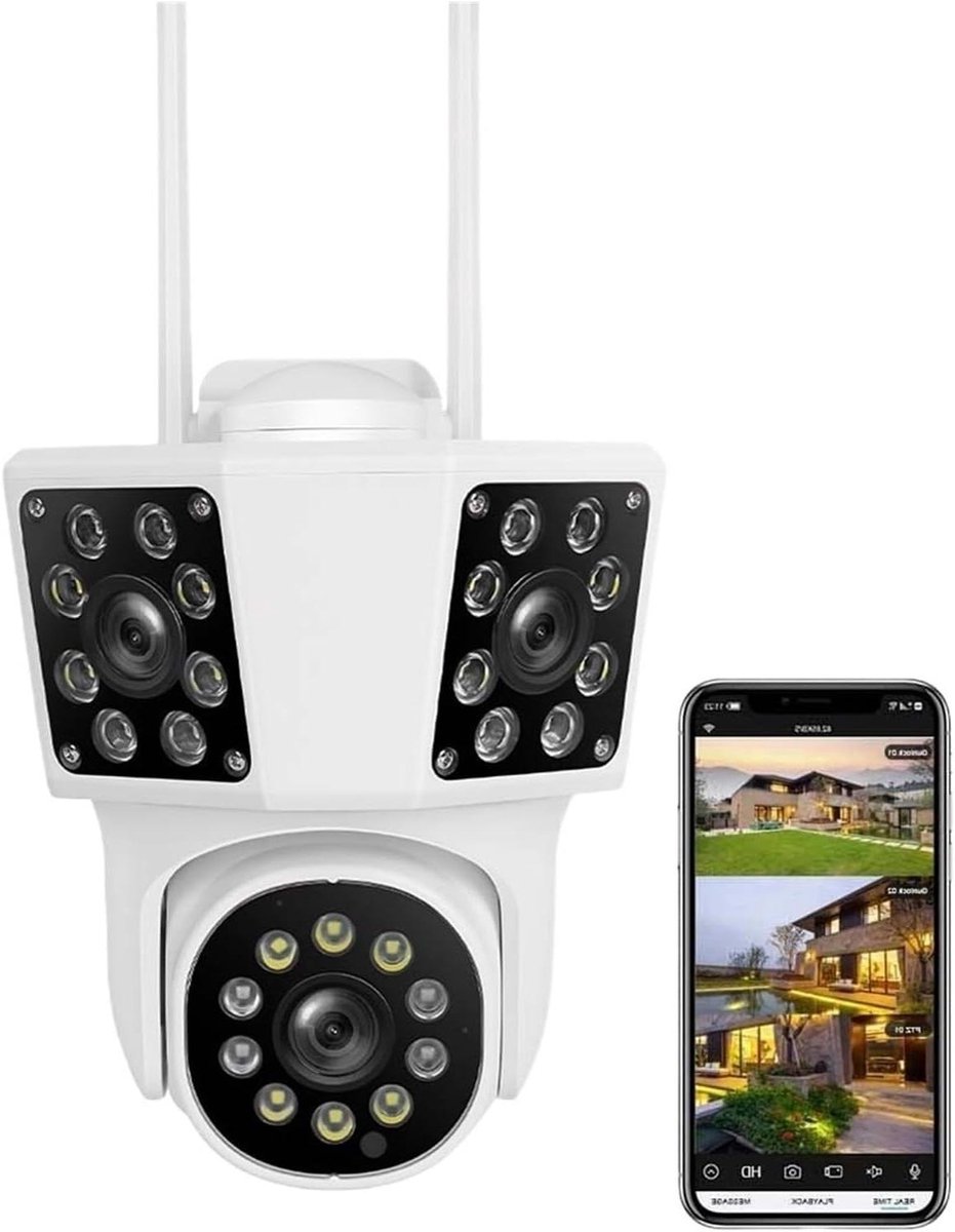Beveiligingscamera Buiten - IP Camera WiFi - Huis Beveiligen - Dubbele Lens Dubbel Scherm - 8MP FHD - Wit