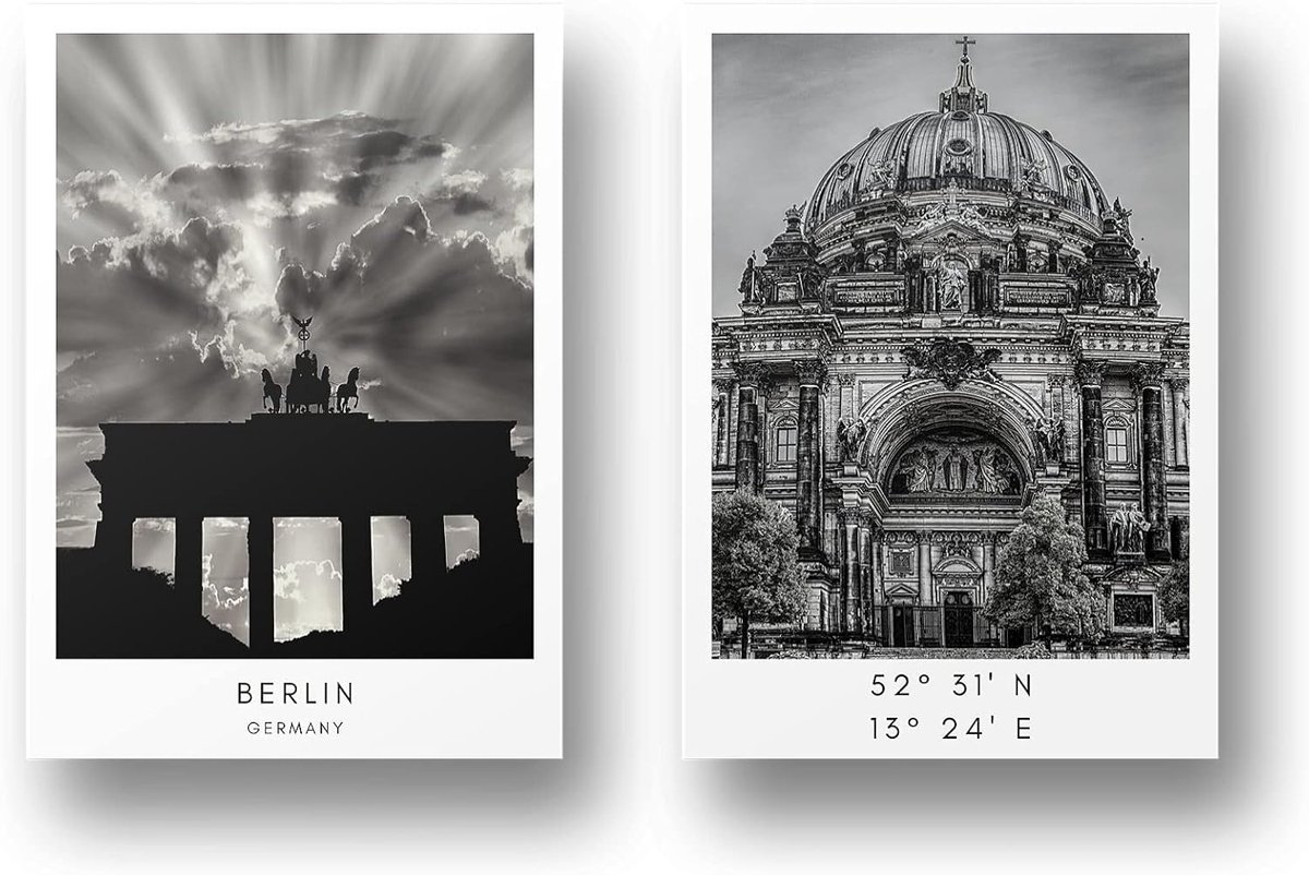 Posterset Steden - Wanddecoratie Set - Interieur Styling - Set van Twee - DIN A4 21x30cm - Zwart Wit