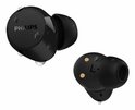 Zwarte oordopjes, één met waterdruppels, met Philips logo en 'L'-markering.