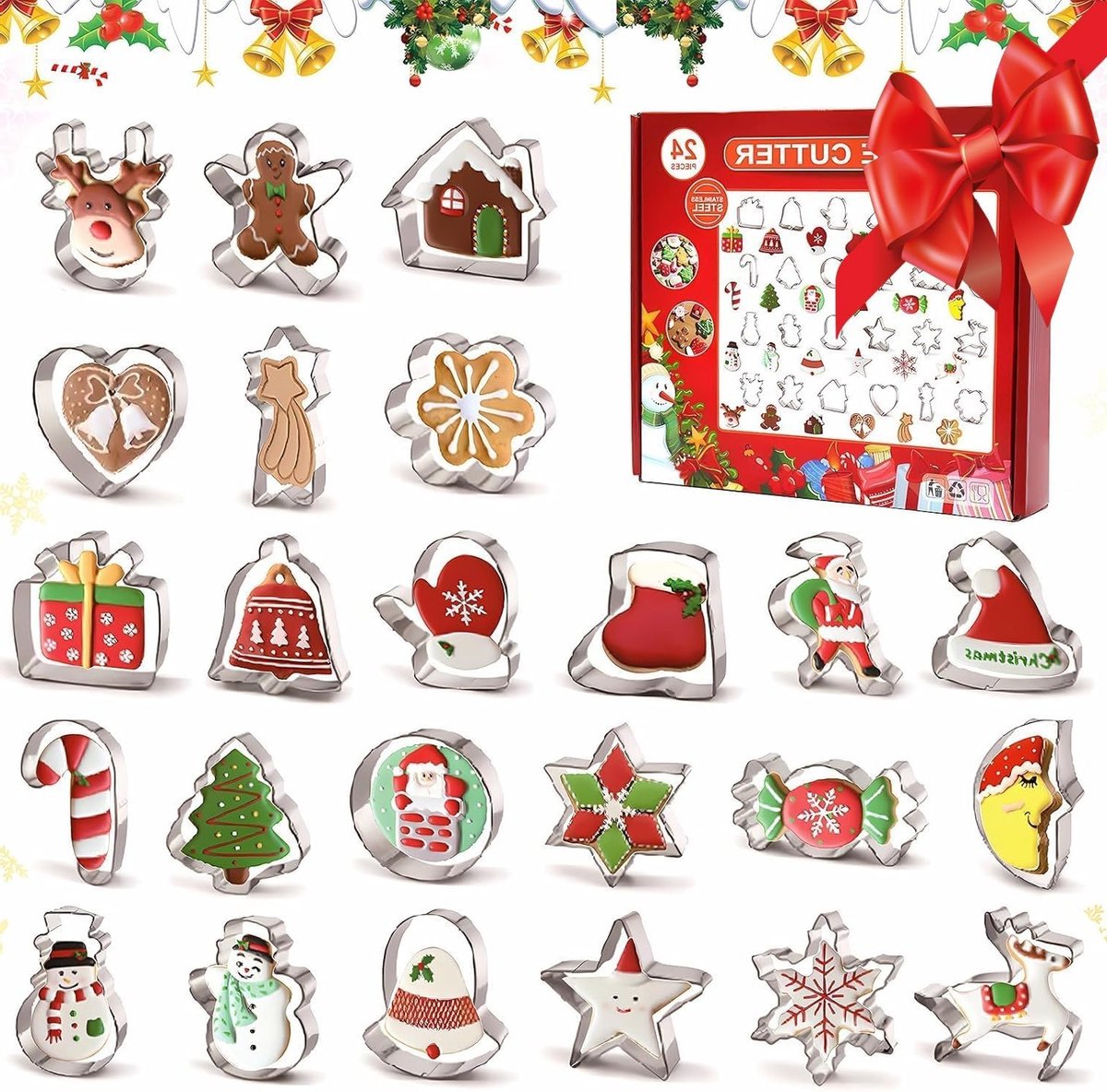 Set van 24 Mini Kerst Koekjesuitsteekvormpjes van RVS, voor Kerstmis, Gebak en Bakplezier