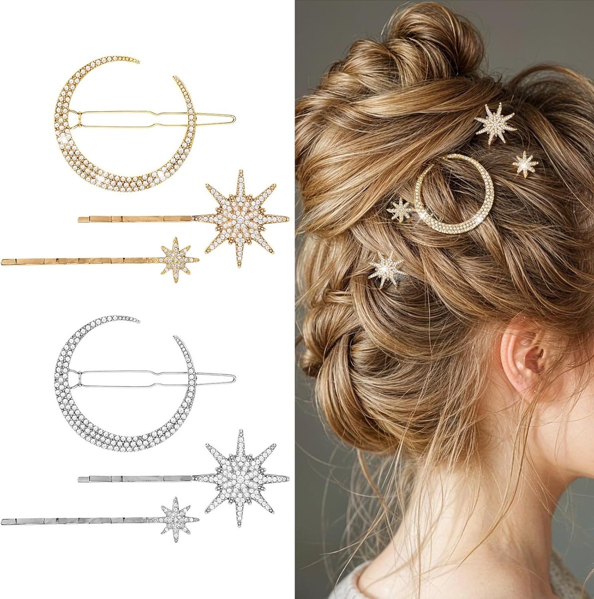 Set van 6 Sterren Haarspeldjes met Strass, Elegante Haaraccessoires voor Bruidskapsels en Feestjes, Perfect voor Vrouwen en Meisjes in Goud en Zilver