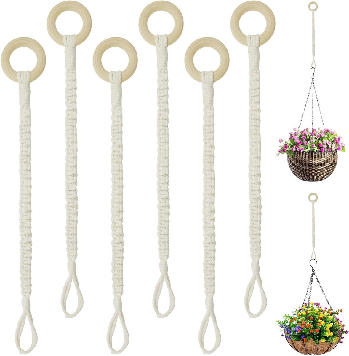 Houten Plant Pendant Extensions met Verstelbare Ring, 6 Stuks, voor Hangende Planten en Tuinaccessoires