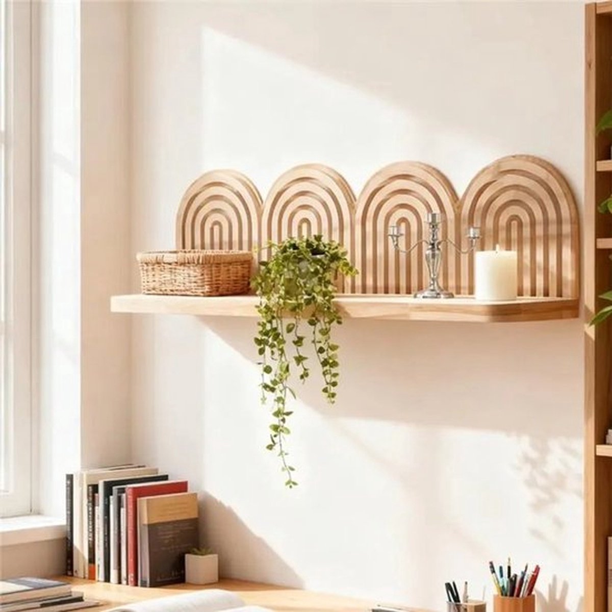 Houten gewelfde wandplank, decoratief wandrek in Boheemse stijl, regenboogvormige displayplank, geschikt voor de inrichting van slaapkamers en woonkamers (Viervoudig compartiment)