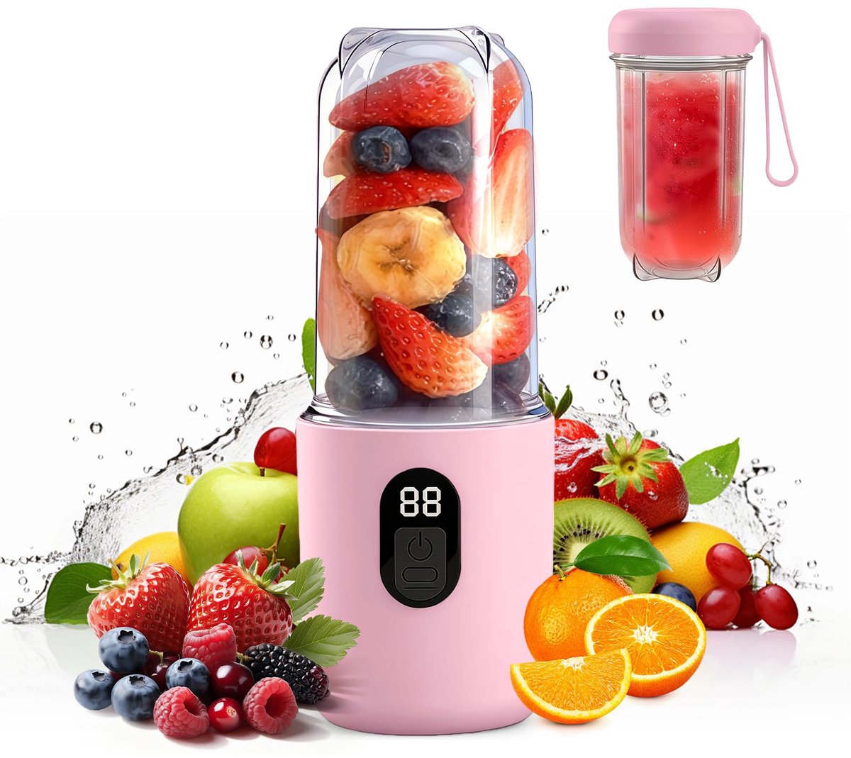 carmdering - Frullatore Portatile - Mini Blender Draagbaar - Elektrische Juicer - Digitale Display - 20800 RPM Snelheid - R16 Bladen -500mAh Batterij - Draadloos Gemak - 1Stuk - Roze