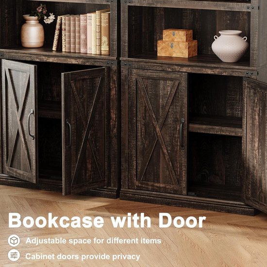 Boekenkast met deuren in donker eiken met X-patroon, deuren open met zicht op verstelbare schappen.