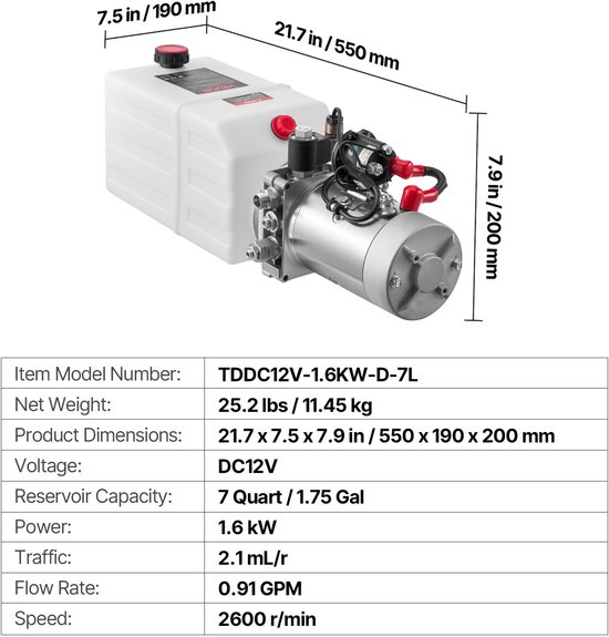 VEVOR 7 Qt Hydraulische Krachtbron, Enkelwerkende Kipperaanhangerpomp, Maximale Openingsdruk 22 Mpa en Debiet 3,4 L/Min, 12 V DC Hydraulische Pomp met Metalen Reservoir voor Kipperaanhangers, Wit van Merkloos — afbeelding 3
