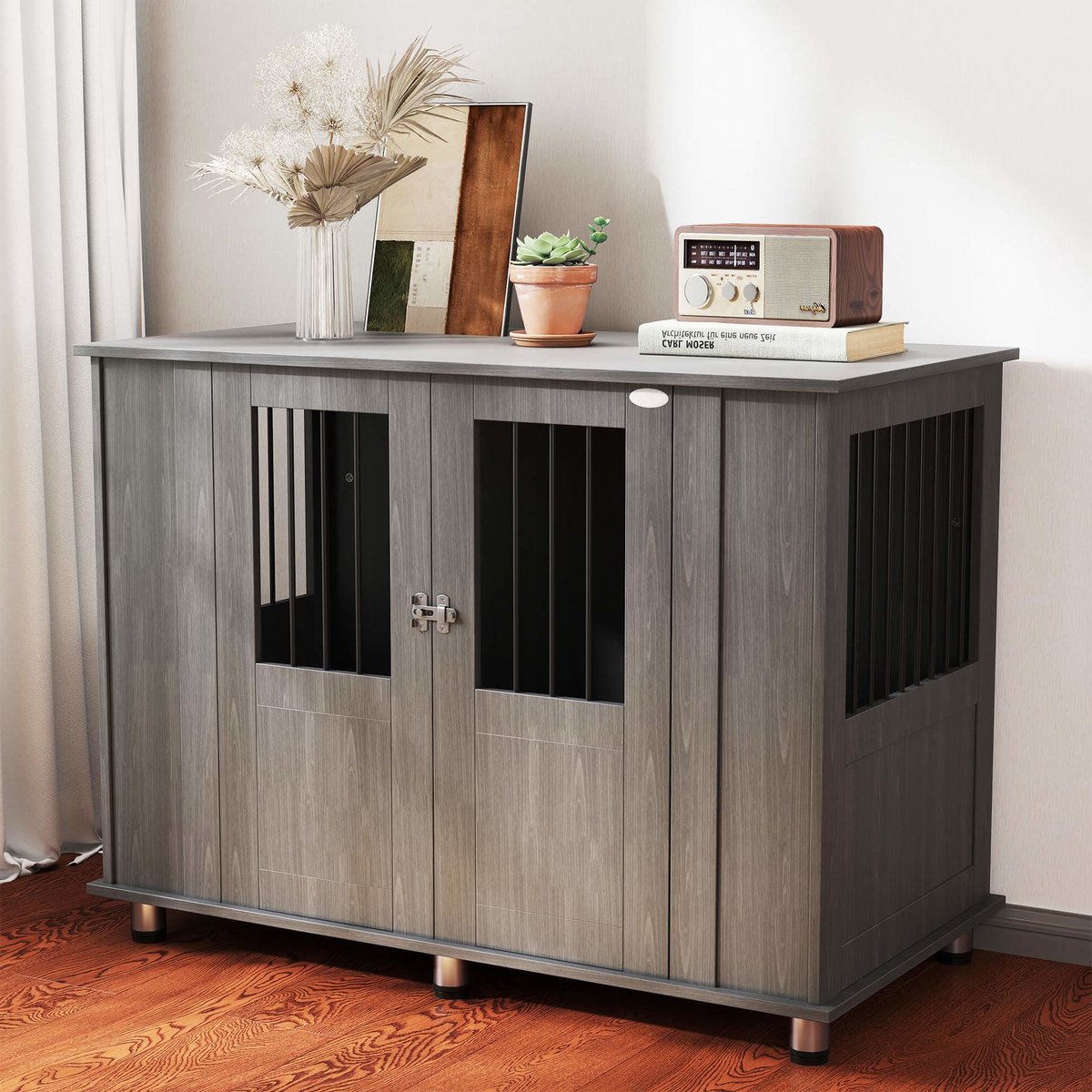 Hondenbench – Hondenkennel – Hondenkooi – Hondenhok – Hondenbench Groot – Modern Grijs – Magnetische Deuren – Verstelbare Voeten