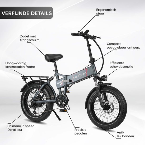 vankel Polaris Elektrische Fiets - Opvouwbare E-bike - 624Wh Lithium Accu - Actieradius tot 45 km - 20×4.0 inch Fatbike Banden - Aluminium Verende Voorvork - Shimano 7 Versnellingen - Schijfremmen - Stadsfiets - Max. Belastbaar tot 120 kg - Grijs van VANKEL — afbeelding 2