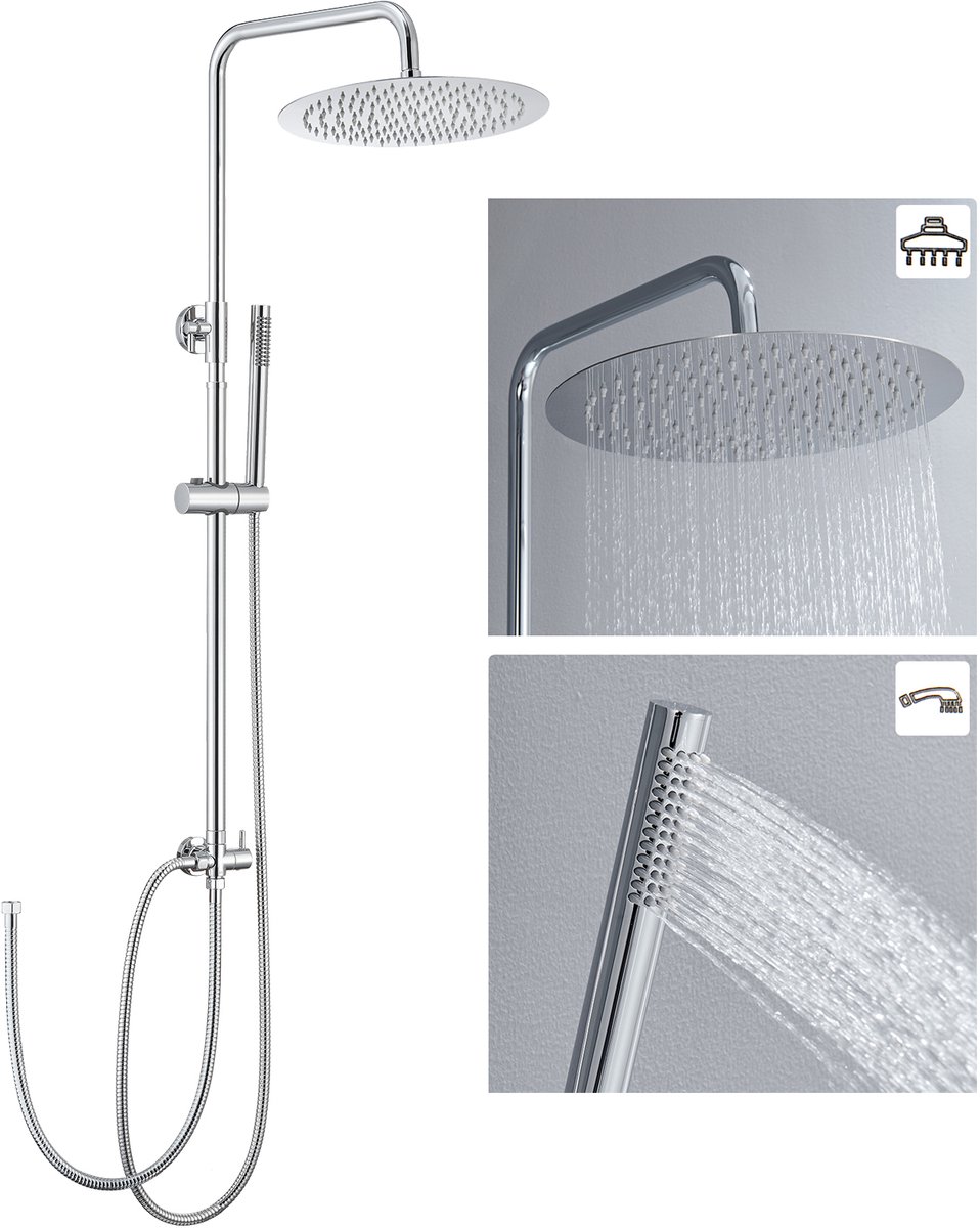 CECIPA Max Douchesysteem met Omsteller voor Wandmontage - Regendouche Ø 30 cm - Rond Design - Doucheset - Waterbesparend - Chroom