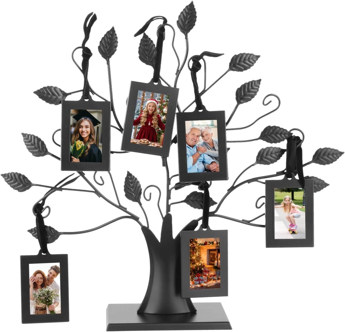 Stijlvolle metalen fotolijst voor familieherinneringen met takken en bladeren, inclusief 6 fotolijsten van 6,3 x 4,5 cm, perfect voor decoratie en cadeau.