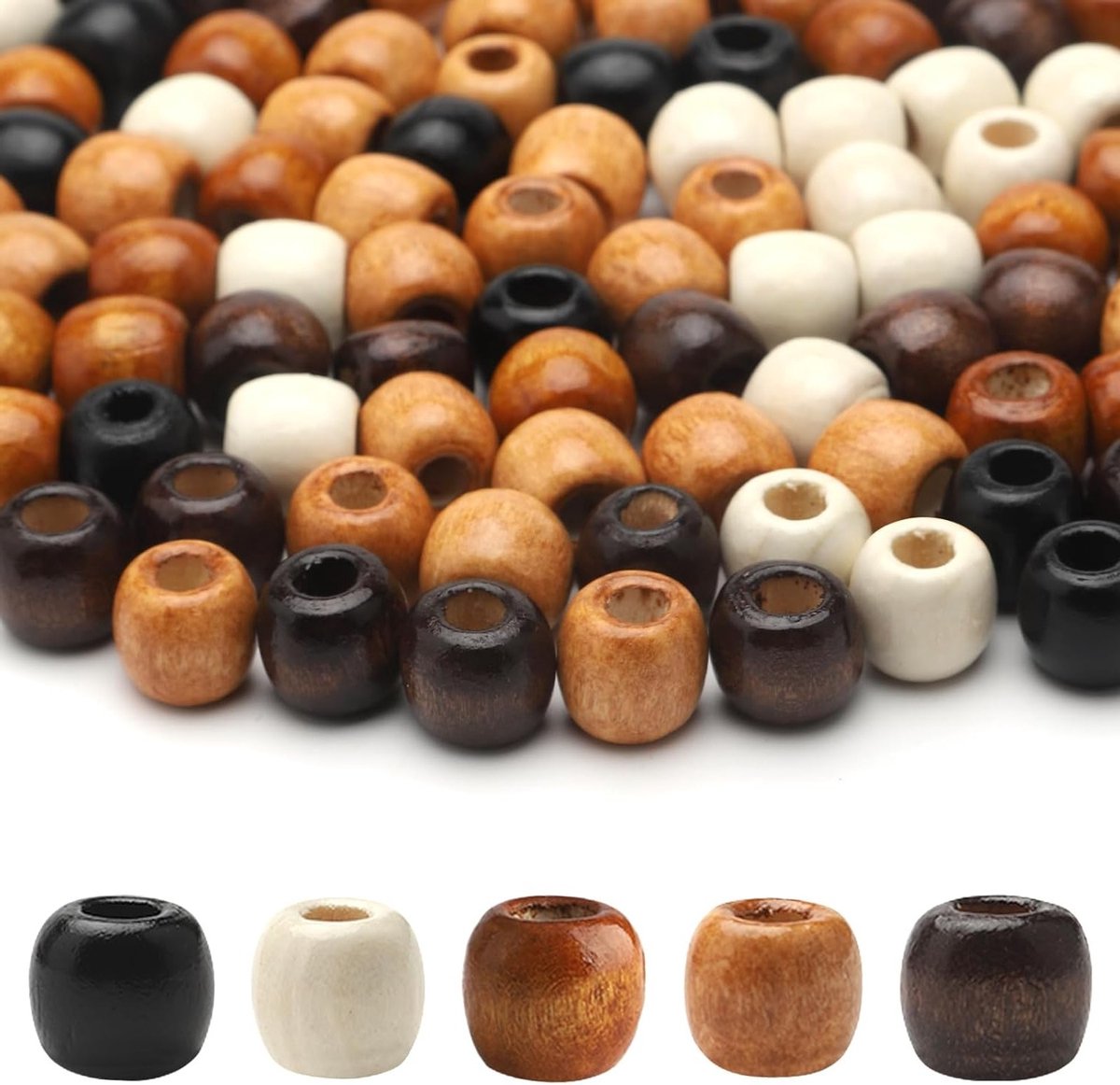 200 Stuks Houten Kralen in 5 Kleuren voor Macramé, Haaraccessoires en DIY Dreadlocks met 13m Elastisch Draad