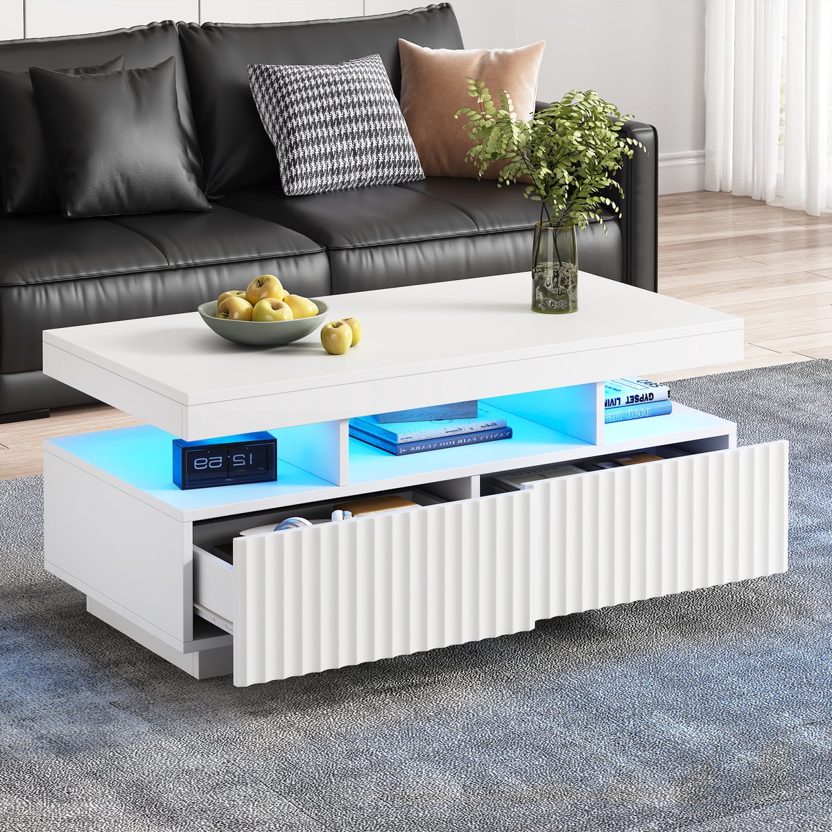 MODENUIT Salontafel - Met 2 Laden, Open Middenvak En LED-Verlichting - Voor Woonkamer - Spaanplaat Wit - 100x50x45 cm