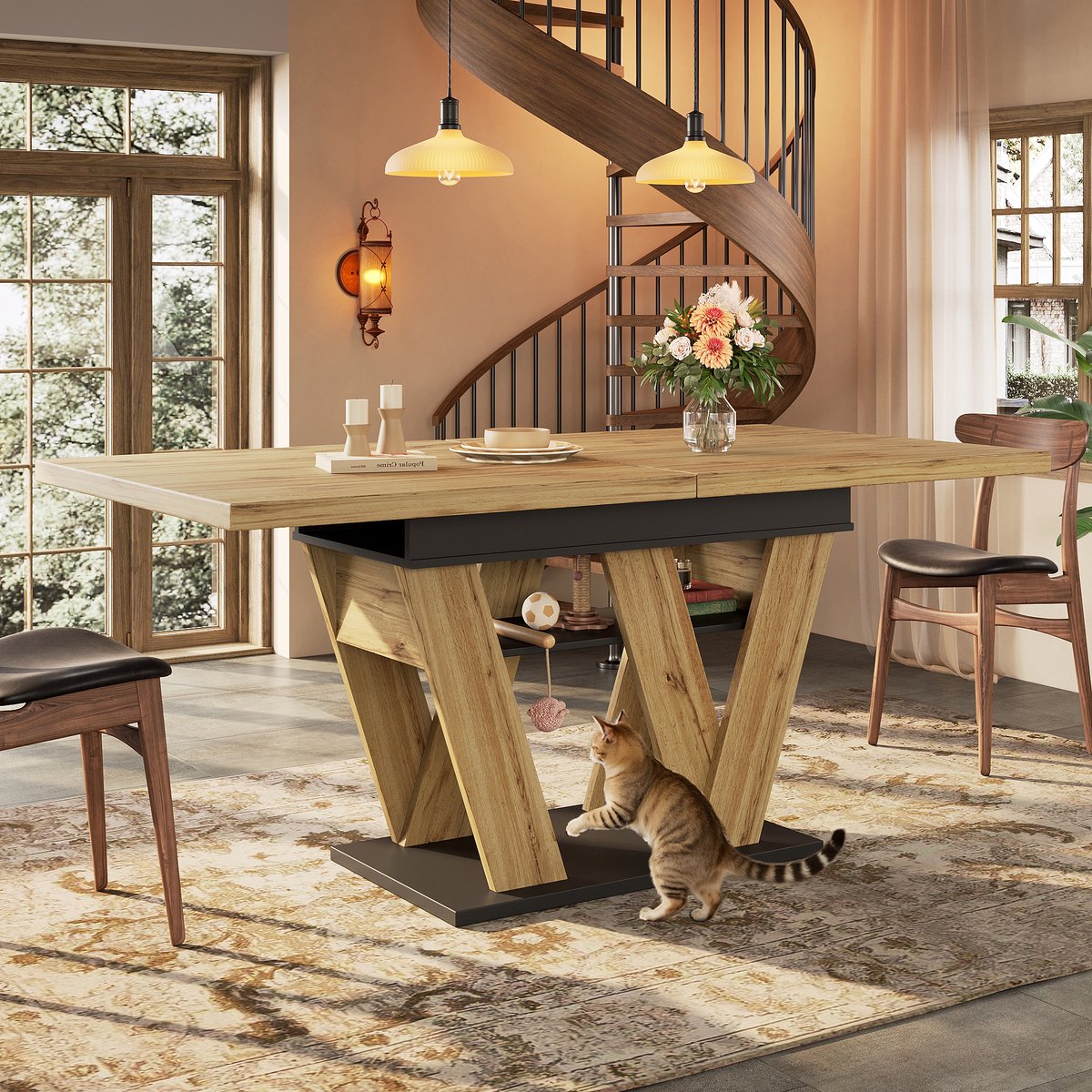 MODENUIT Eettafel - Uitschuifbaar Met Opbergvak - Keuken En Woonkamer - MDF Zwart/Naturel - 119-158,5x80x75 cm