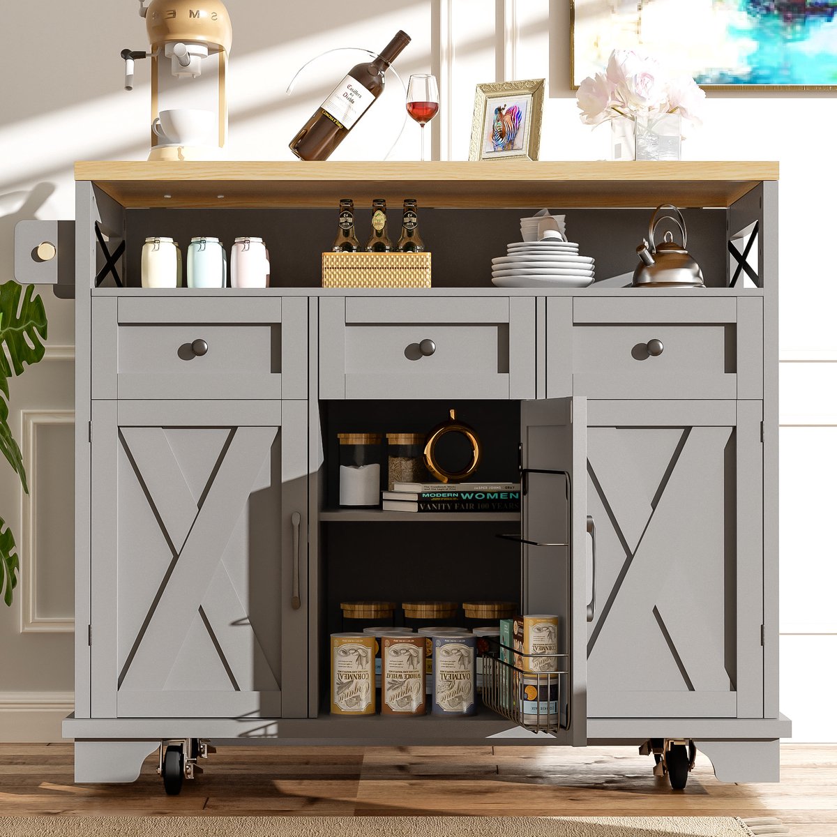 MODENUIT Keukeneiland - Uitklapbaar Werkblad Met Opbergruimte - Voor Keuken En Eethoek - Grijs - 118x43-80x98 Cm
