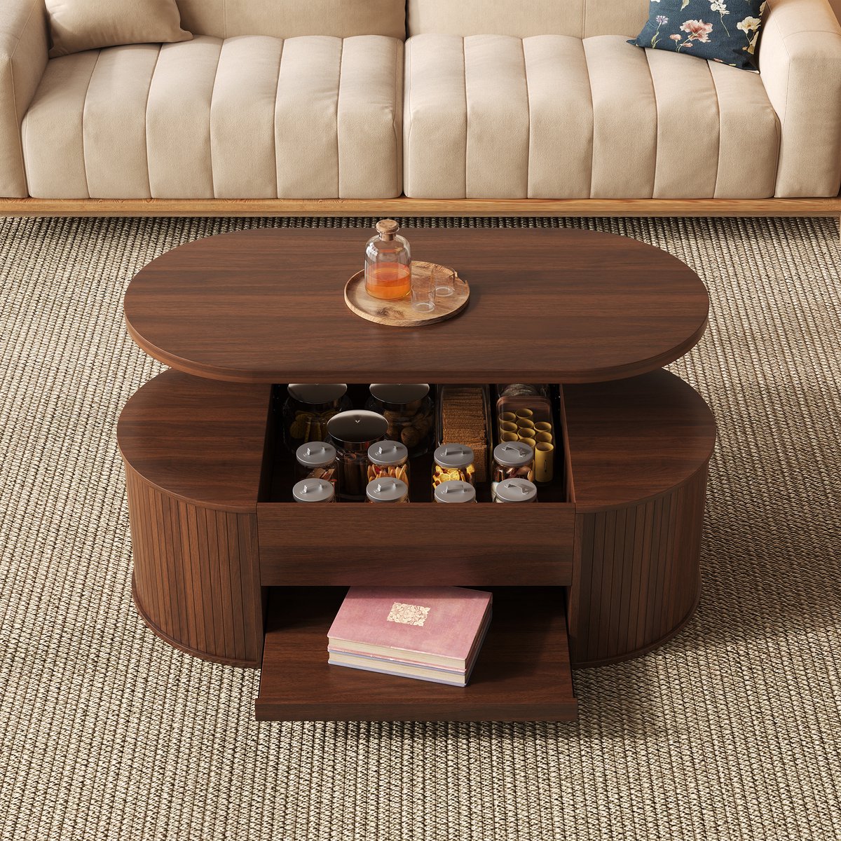 MODENUIT Salontafel - Verstelbaar Tafelblad Met Opbergruimte - Voor Woonkamer - MDF Walnootkleur - 110x55,5x40 cm Natuurlijke walnoot