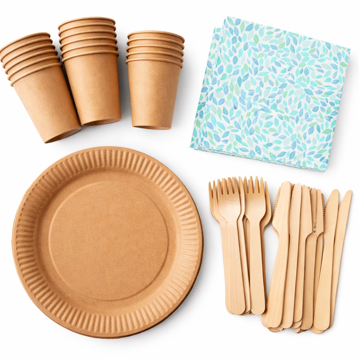 Wegwerp servies set voor 20 personen – 20 kartonnen borden 23 cm, 20 bekers 240 ml, 20 houten vorken, 20 houten messen en 20 servetten 33x33 cm "Camaieu" Feest/verjaardag/BBQ/Picknick bordjes - set bio/eco/ - Duurzaam - Milieuvriendelijk