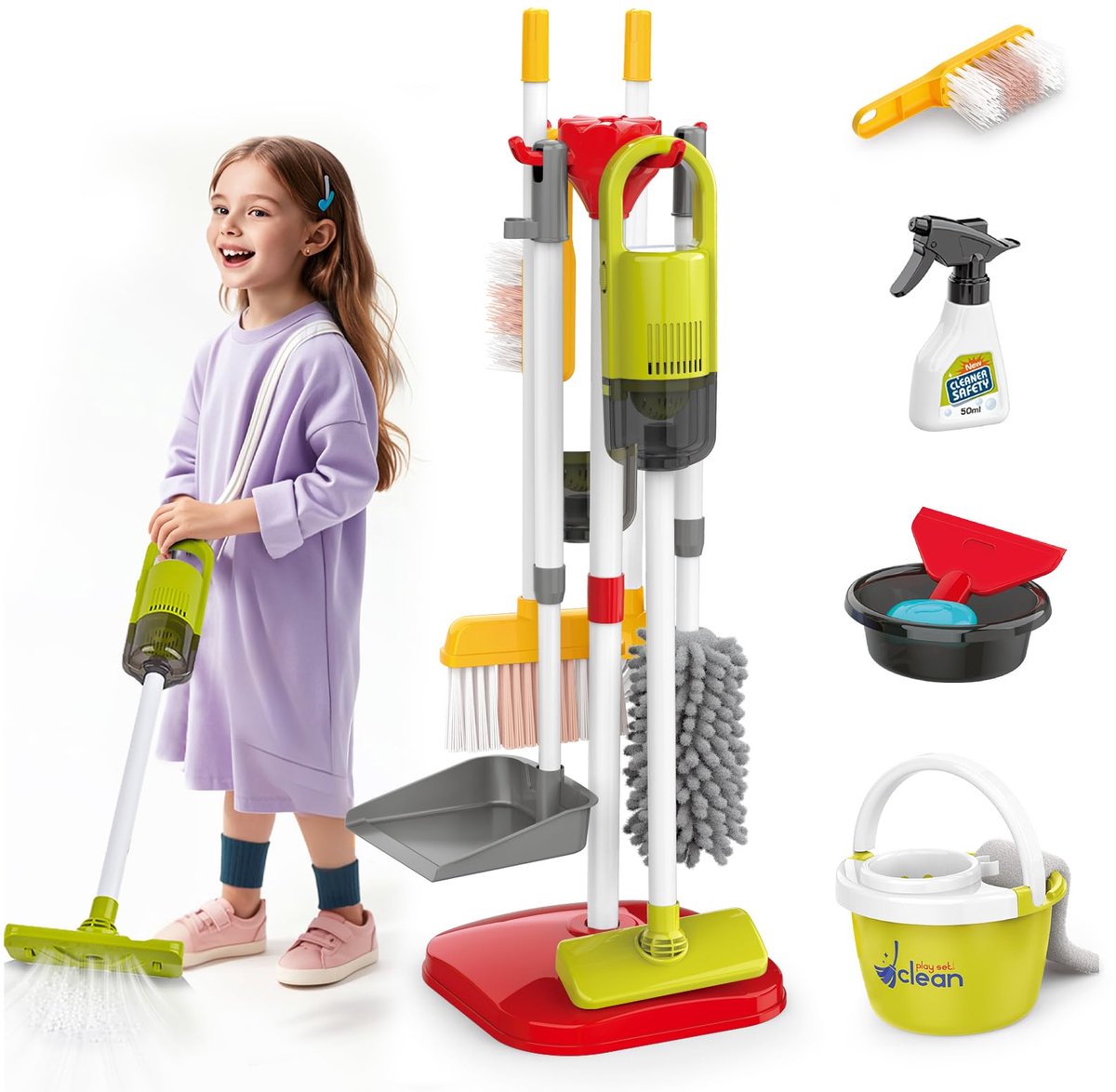 Schoonmaakset voor kinderen - Stofzuiger met zuig- en geluidsfunctie - 18-delige schoonmaakset - Huishoudelijke gereedschapset - Geschikt voor peuters om huishoudelijke klusjes na te spelen - Geschikt voor kinderen vanaf 3 jaar - Rood.
