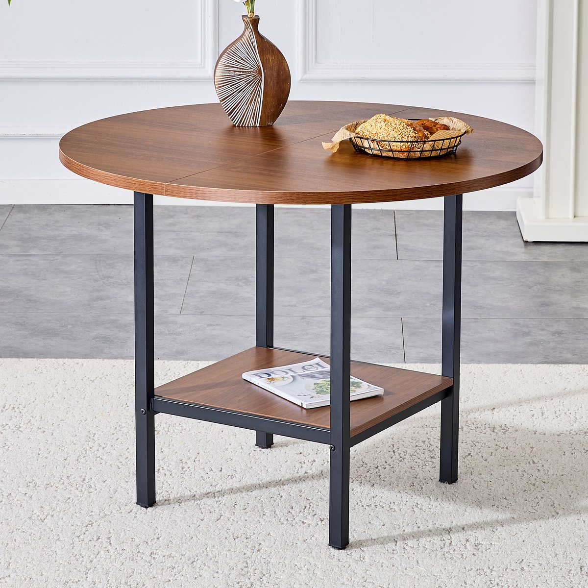 STILVORA Ronde Eettafel - Met Opbergplank Voor 4 Tot 6 Personen - Keuken En Eetkamer - MDF En Metaal - 100x77 Cm - Walnoot