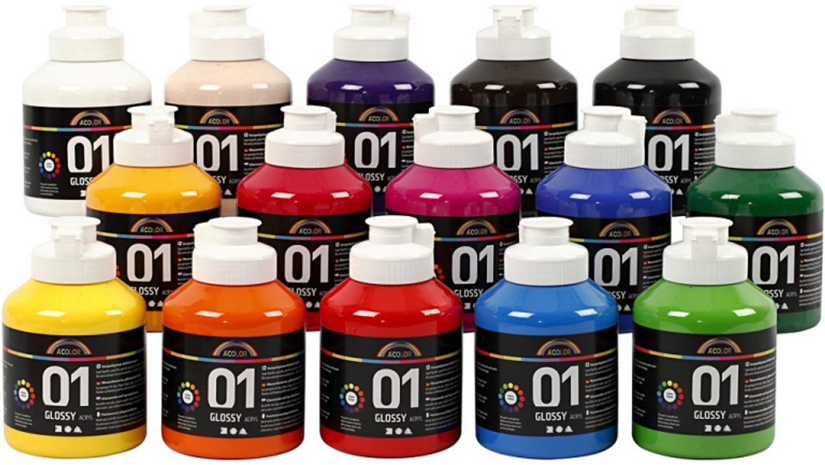 A-color acrylverf, kleuren assorti, 01 - glossy, 15x500 ml