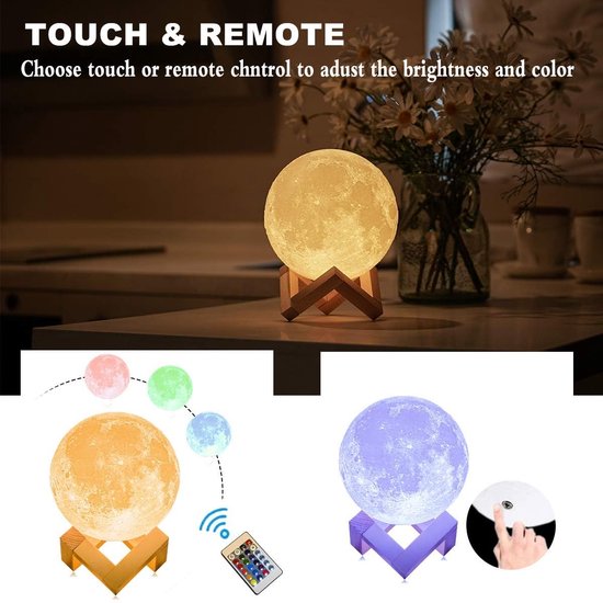 3D Print Maanlamp - Nachtlampje Decoratie - Romantische Sfeer Creëren - 16 Kleuren Dimbaar - 12 cm - Meerkleurig — afbeelding 5