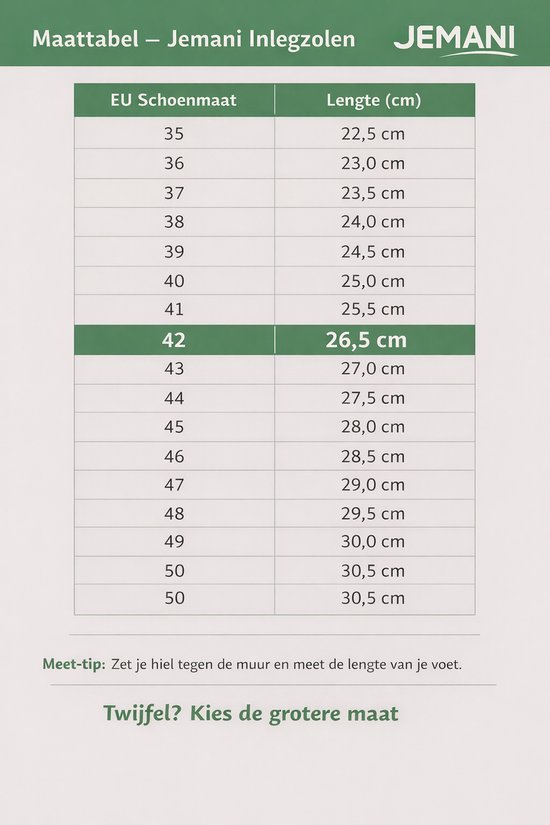 Maattabel Jemani inlegzolen: EU schoenmaten 35-50 met lengtes in cm. Tip: meet je voetlengte.