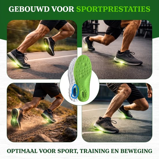 Collage van mannen in sportkleding die rennen op diverse ondergronden, met de Jemani inlegzool in het midden.