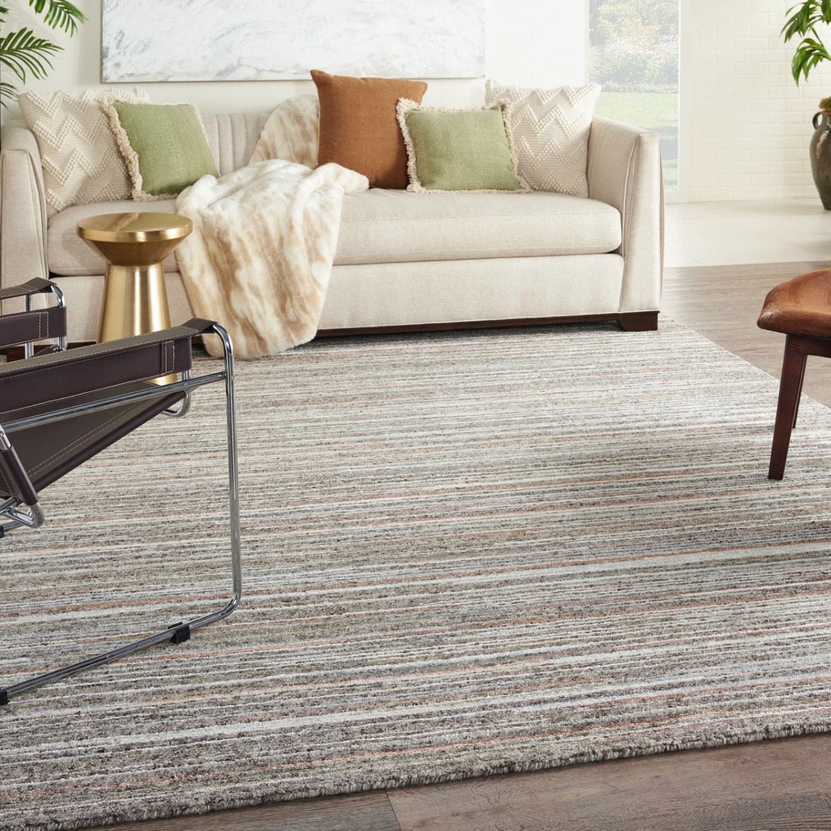 Nourison Plateau Grey Green PAE01 Vloerkleed - 168 x 226 cm - Veelkleurigcolor - Rechthoekig - Wol - Eetkamer, Woonkamer - Strepen, Schakering - Modern