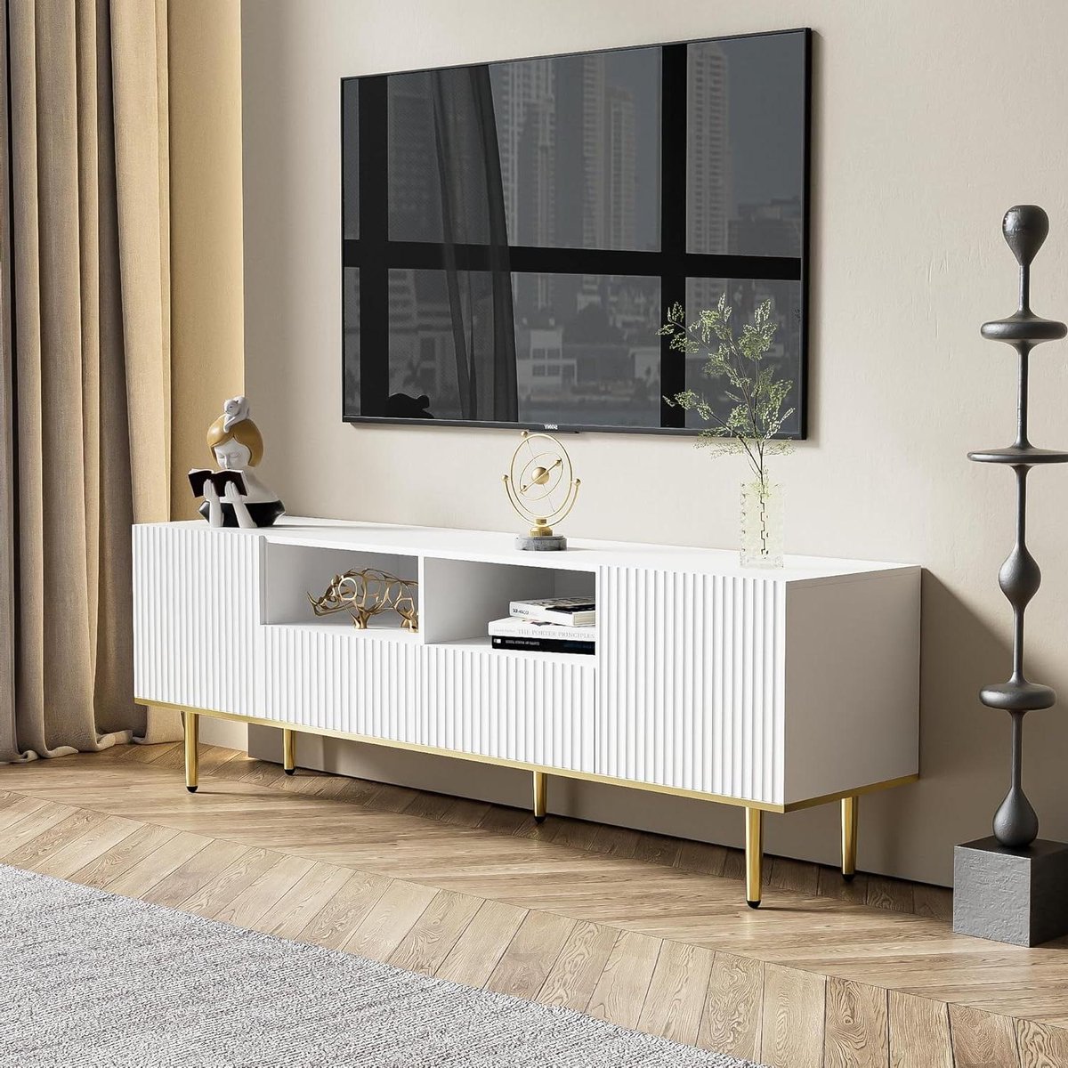 TV Kast - TV Meubel La - Woonkamer Opberging - Verticale Streep Design - 165x36x55 cm - Wit