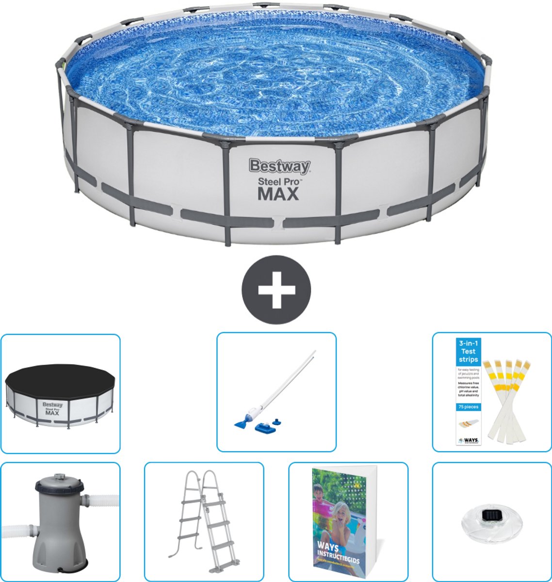 Bestway Rond Steel Pro MAX Zwembad - 457 x 107 cm - Grijs - Inclusief Pomp - Ladder - Afdekzeil - Stofzuiger - Verlichting - 8-delig